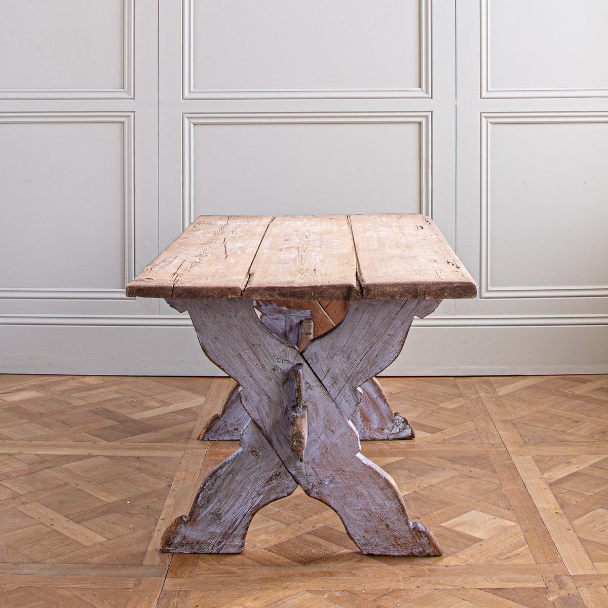 Antique Rustic Swedish Farm House Table With Chalk Blue Patina Circa 1870 - La Maison London