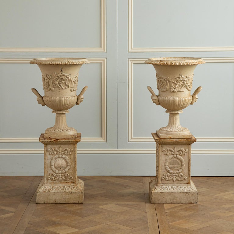 Early 20th Century Pair of Cast Iron Garden Urns on Plinths - La Maison London