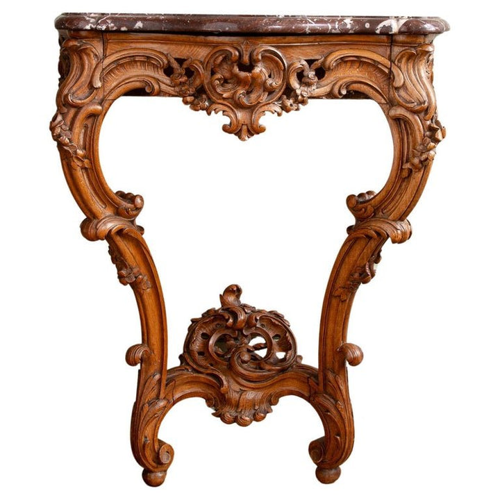 French Antique Louis XV Style Walnut Wood Console with Marble top - La Maison London