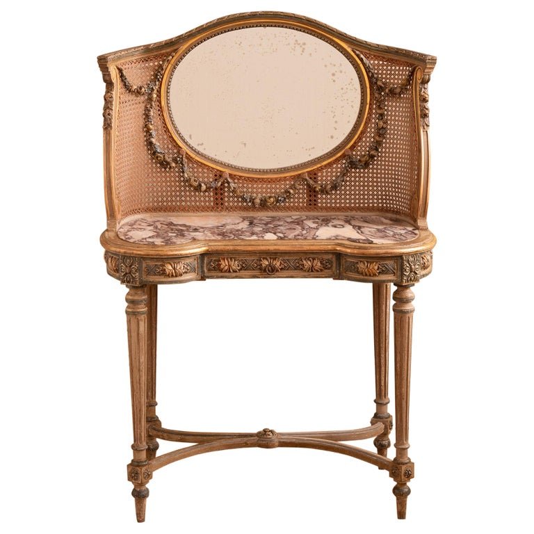 French Antique Louis XVI Style Dressing table / Vanity Unit With Cane/Rattan
