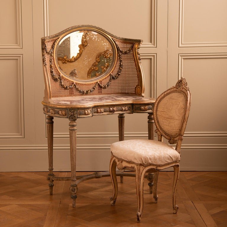 Mesa tocador madera con espejo y banco madera plata
