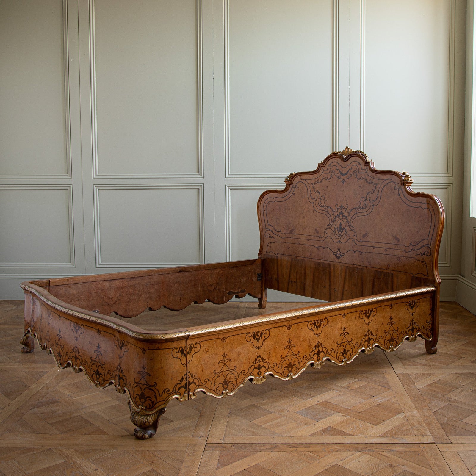 French Louis XV Style Marquetry Bed with Gold Highlights - La Maison London
