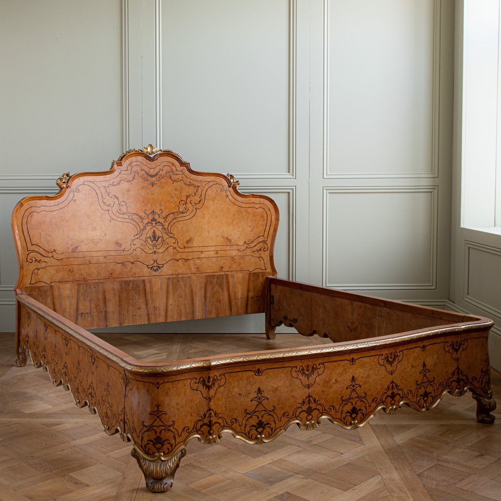French Louis XV Style Marquetry Bed with Gold Highlights - La Maison London