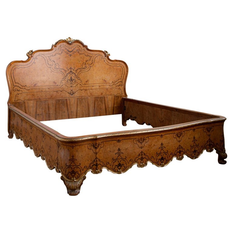 French Louis XV Style Marquetry Bed with Gold Highlights