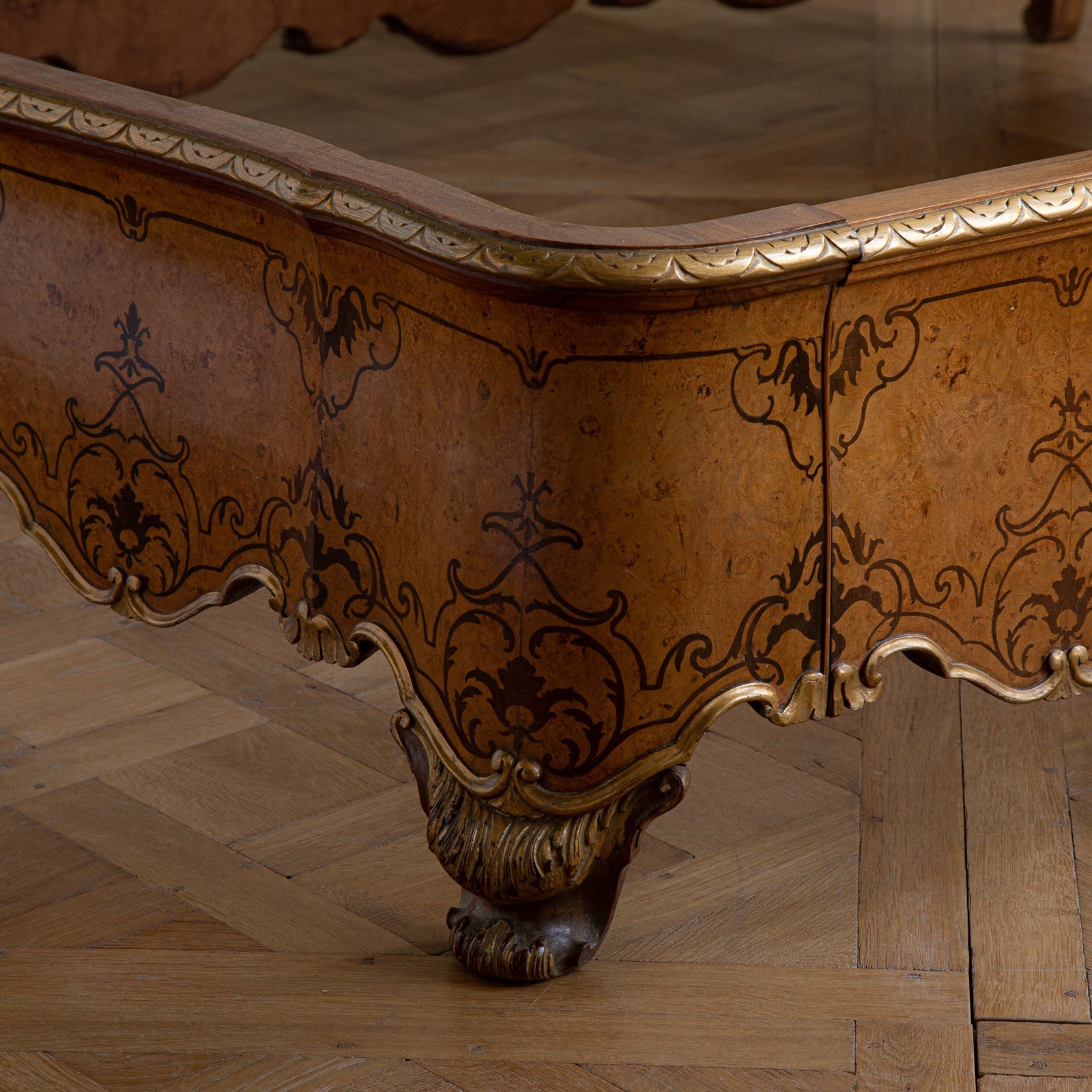 French Louis XV Style Marquetry Bed with Gold Highlights - La Maison London
