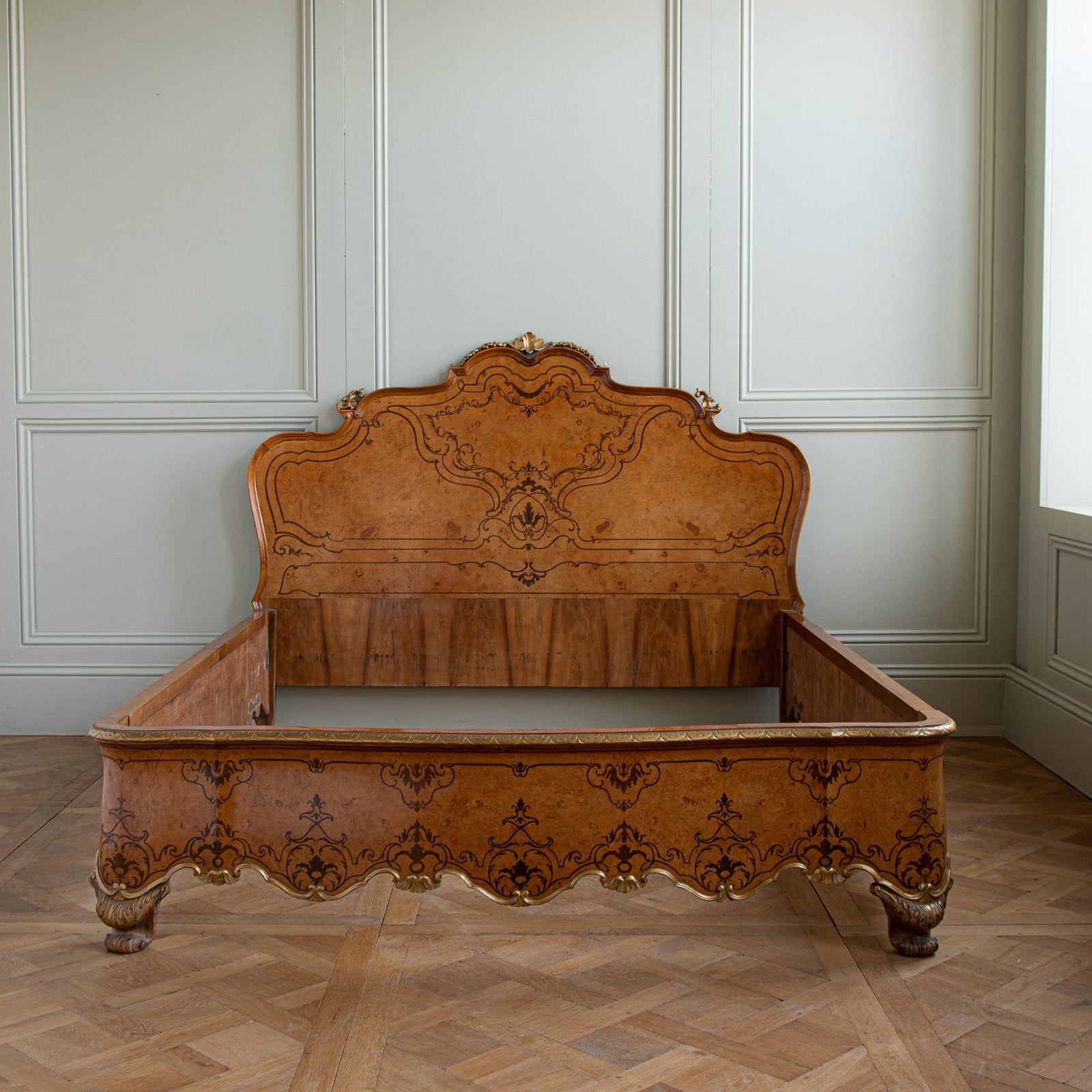 French Louis XV Style Marquetry Bed with Gold Highlights - La Maison London