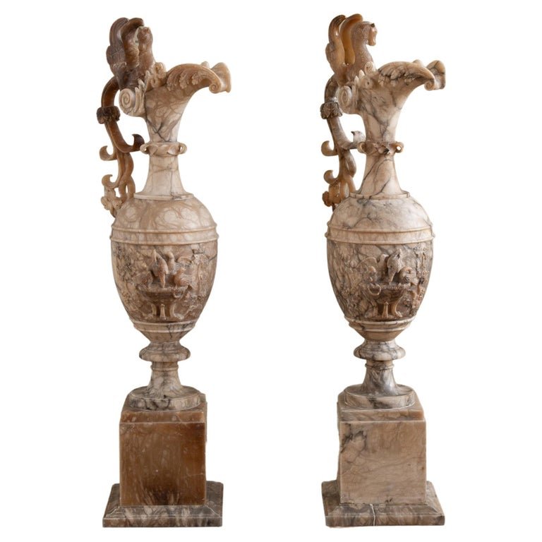 Large 19th Century Decorative Pair Of Alabaster Marble Jugs/Pitchers On Plinths