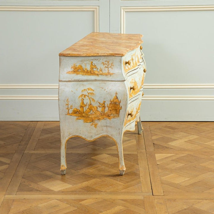 Late 19th C. Venetian Chest Painted in Chinoiserie Stye of Blue & Yellow Ochres - La Maison London