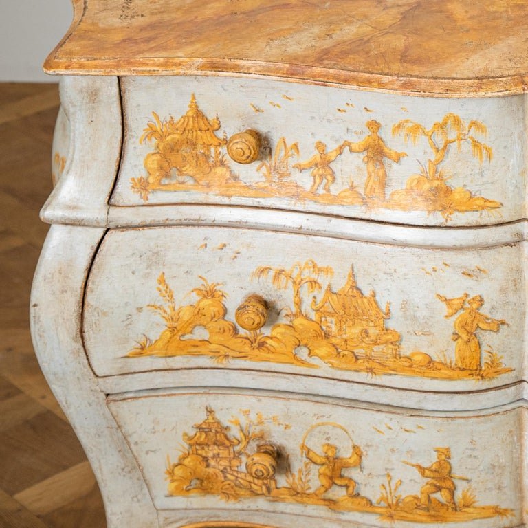Late 19th C. Venetian Chest Painted in Chinoiserie Stye of Blue & Yellow Ochres - La Maison London