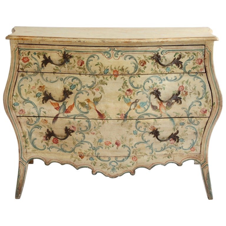 Louis XV Style Venetian Painted Bombe Chest Of Drawers