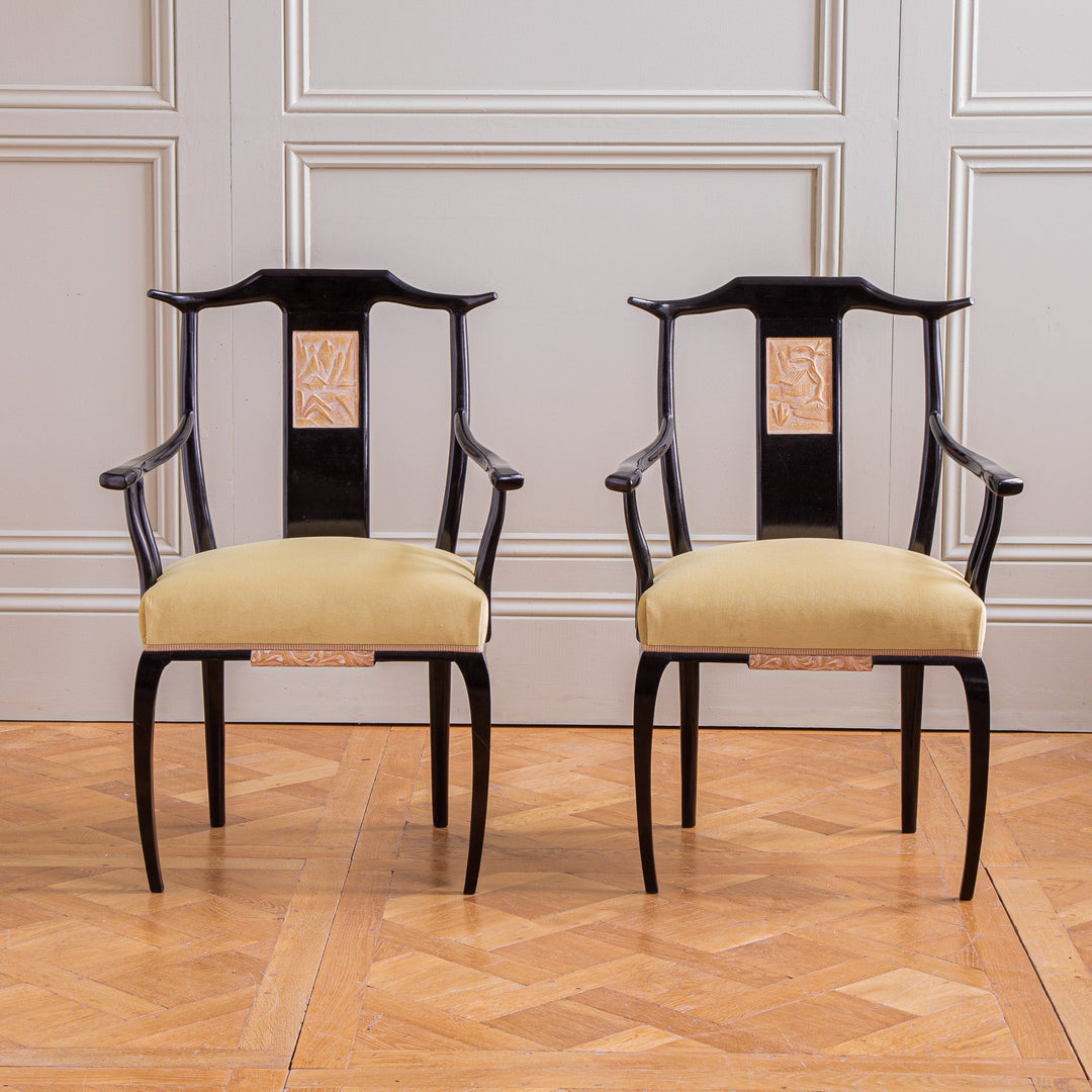 Mid Century Set Of 6 Black Lacquered French Dining Chairs in Oriental Style - La Maison London