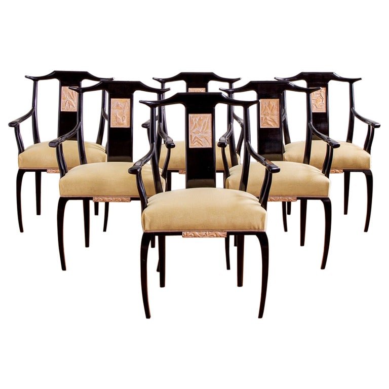 Mid Century Set Of 6 Black Lacquered French Dining Chairs in Oriental Style