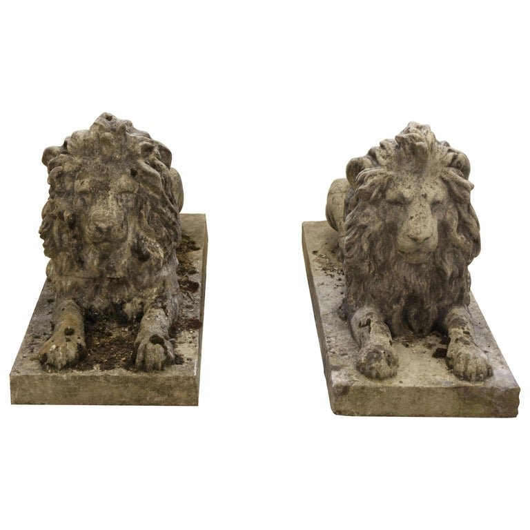 Pair of English Composite Stone Lions - La Maison London