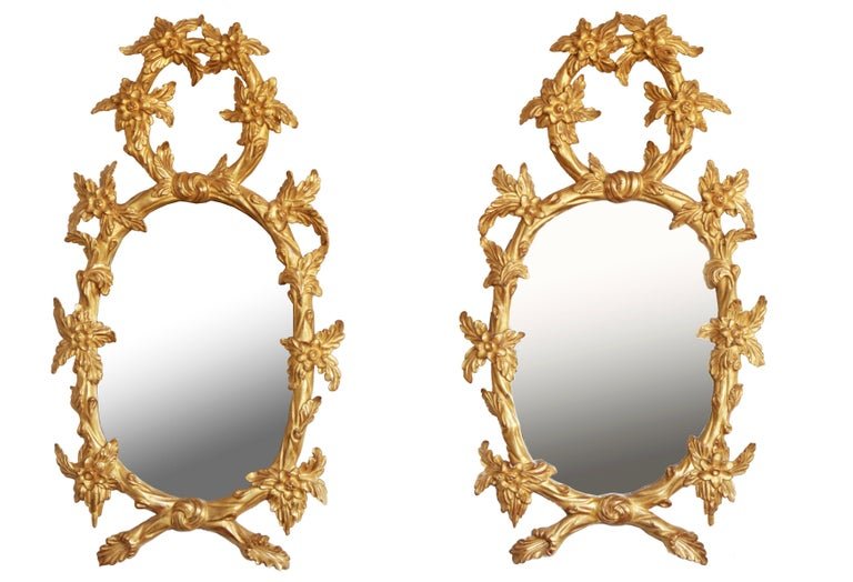 Pair of Hand Carved Oval Gilt Wood Mirrors - La Maison London