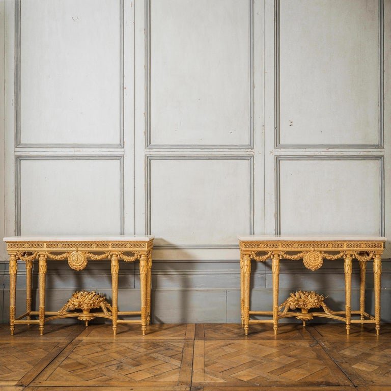 Pair of Louis XVI Style Giltwood Consoles - La Maison London