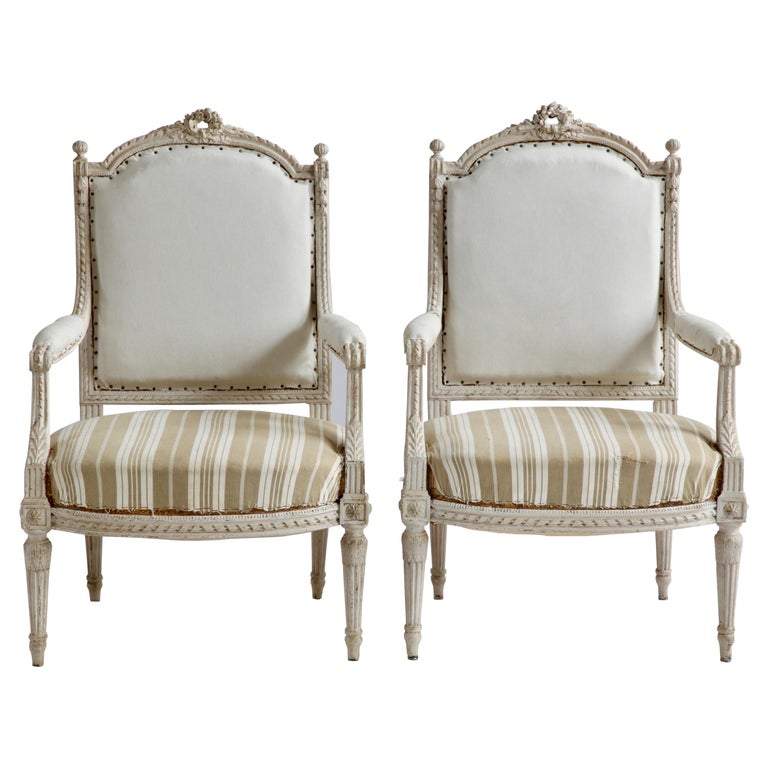 Pair of Louis XVI Style Painted Bergère Armchairs - La Maison London