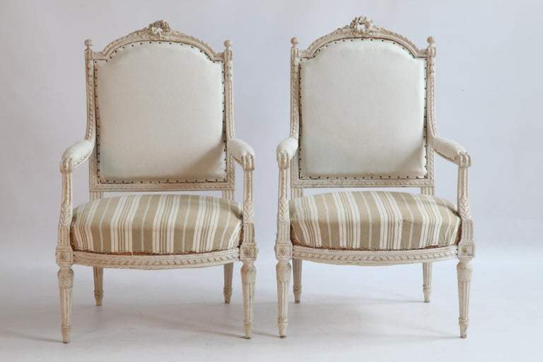 Pair of Louis XVI Style Painted Bergère Armchairs - La Maison London