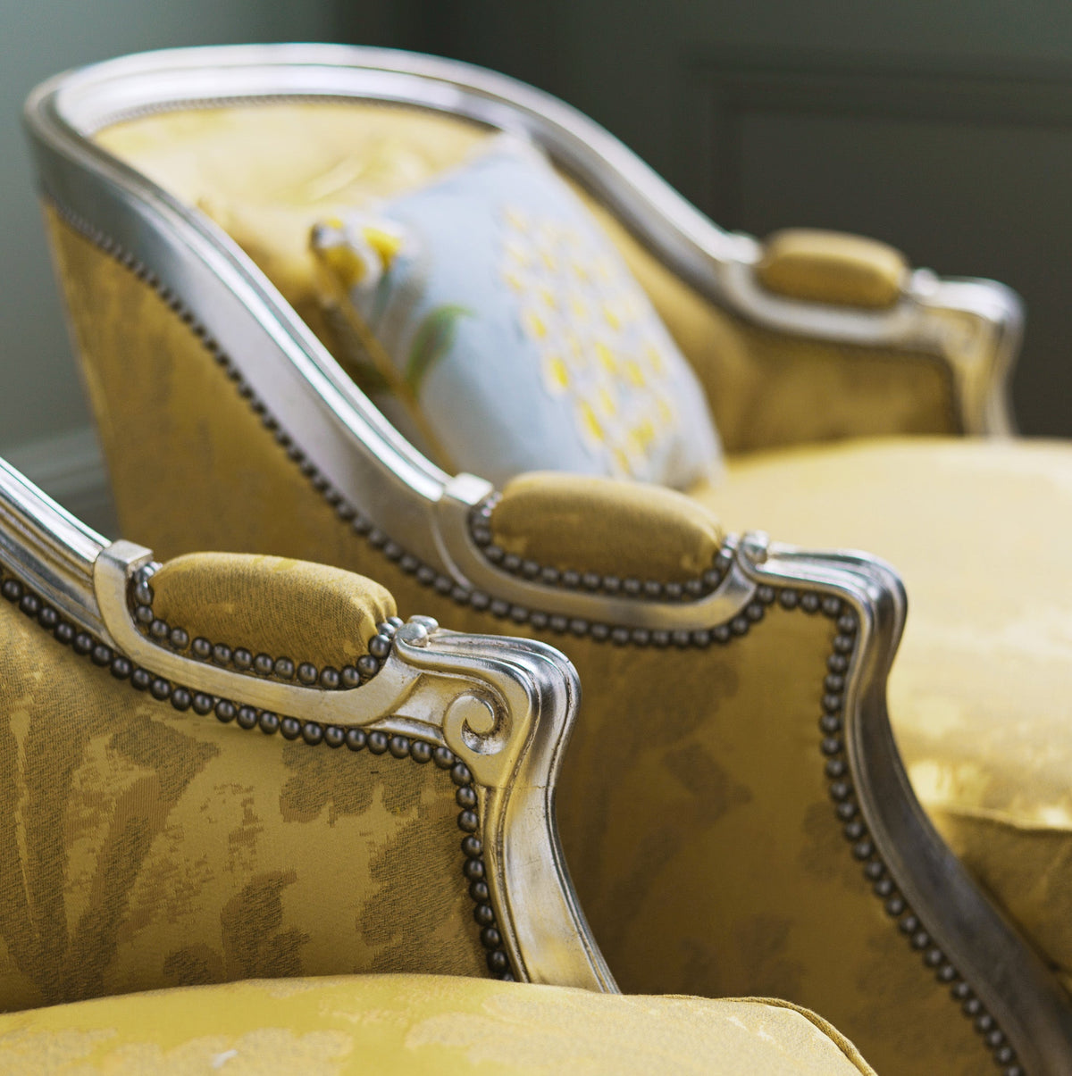 Pair of Silver Gilt Wood Hollywood Regency Style Marquise Armchairs - La Maison London