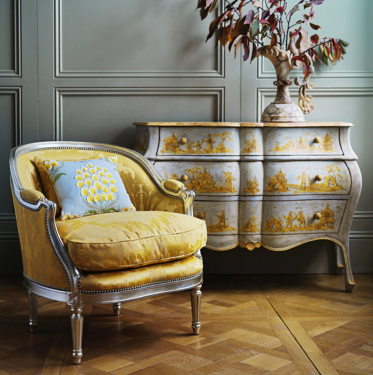 Pair of Silver Gilt Wood Hollywood Regency Style Marquise Armchairs - La Maison London