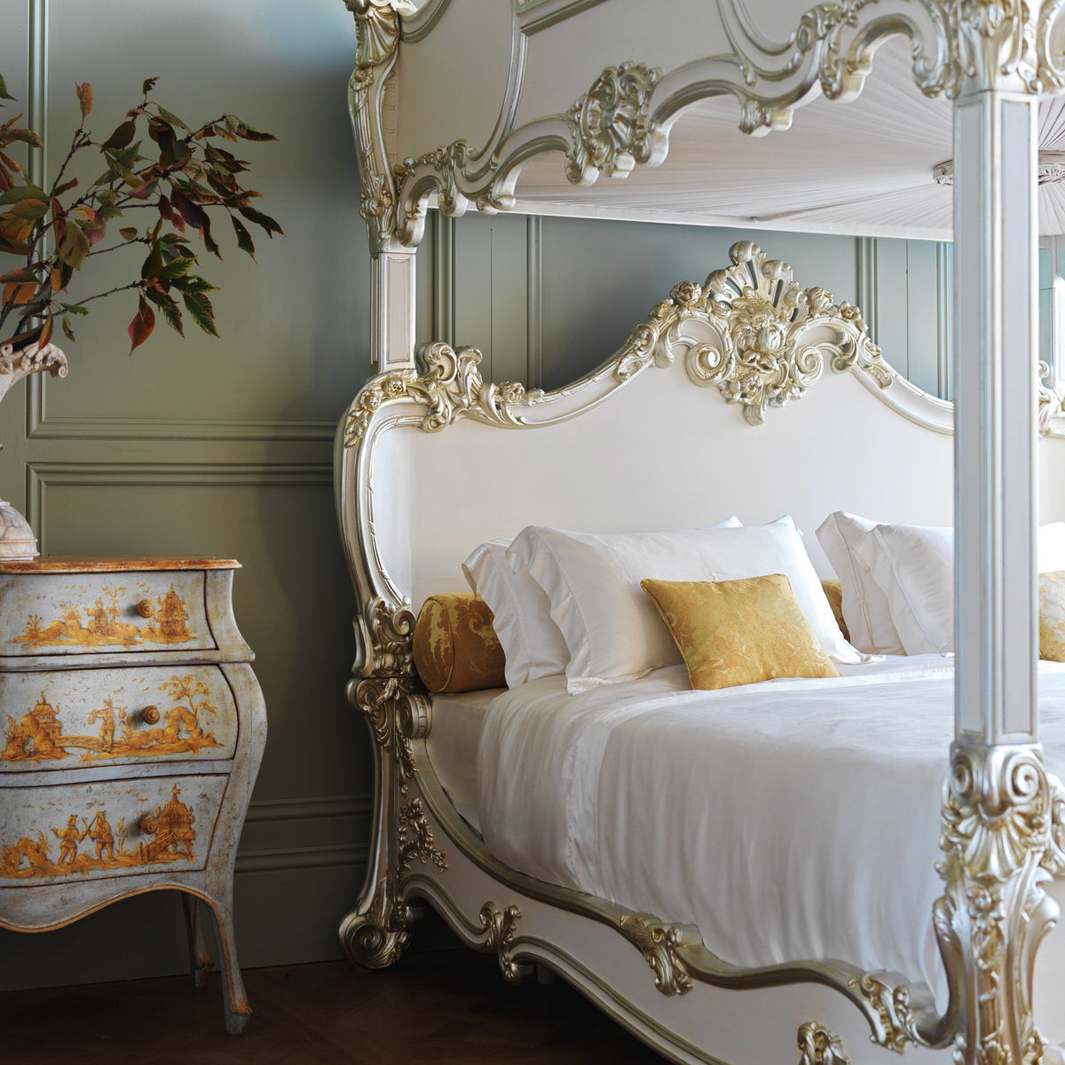 Rococo Style Finely Carved 4 Poster/Bunk Bed With Silver Gilt wood - La Maison London