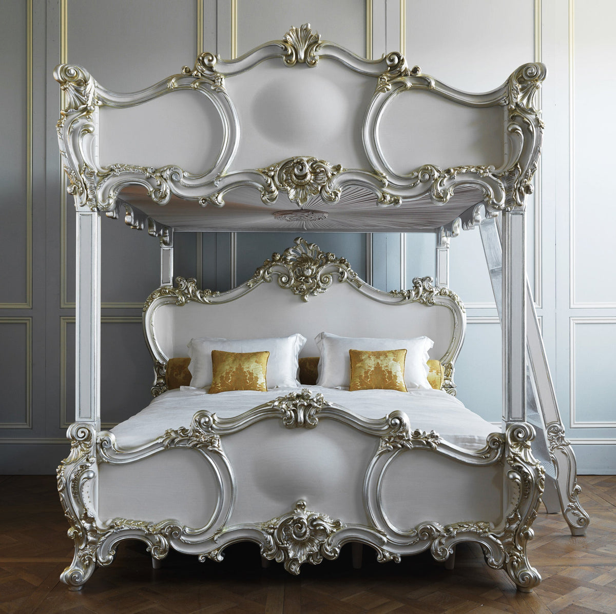 Rococo Style Finely Carved 4 Poster/Bunk Bed With Silver Gilt wood - La Maison London