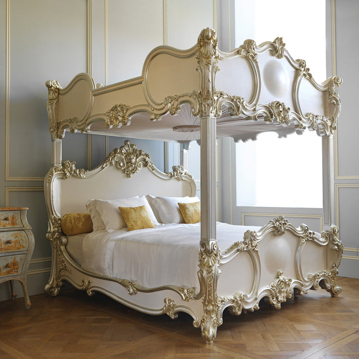 Rococo Style Finely Carved 4 Poster/Bunk Bed With Silver Gilt wood - La Maison London