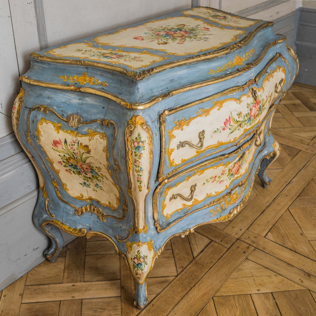 Rococo Style Hand Painted Venetian Bombe Chest of Drawers, Early 1900's - La Maison London