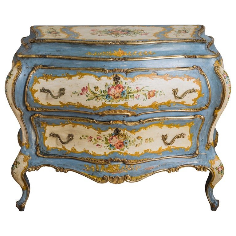 Rococo Style Hand Painted Venetian Bombe Chest of Drawers, Early 1900's