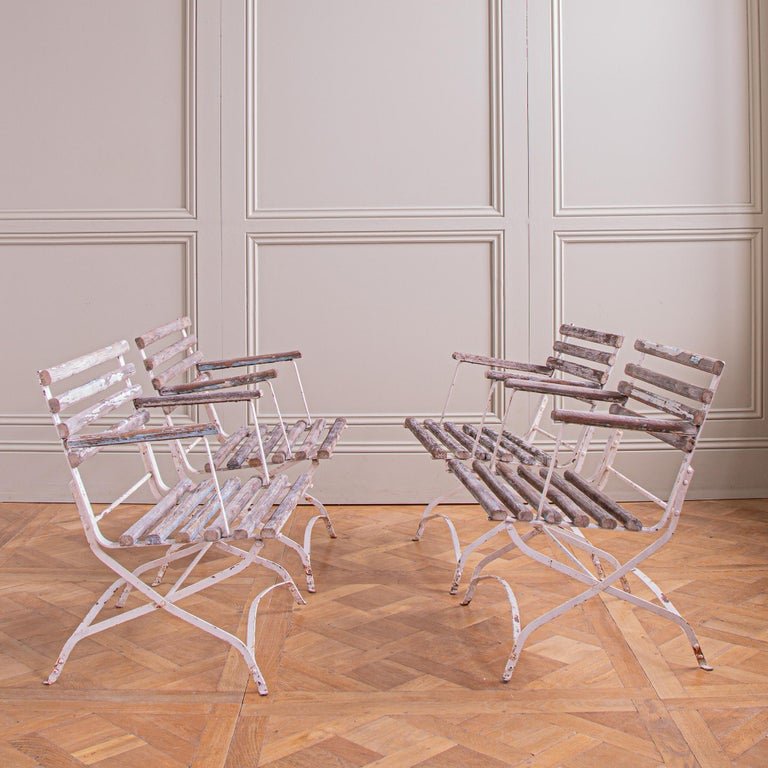 Set of 4 French Wood Slatted Garden Armchairs With Metal Frame - La Maison London