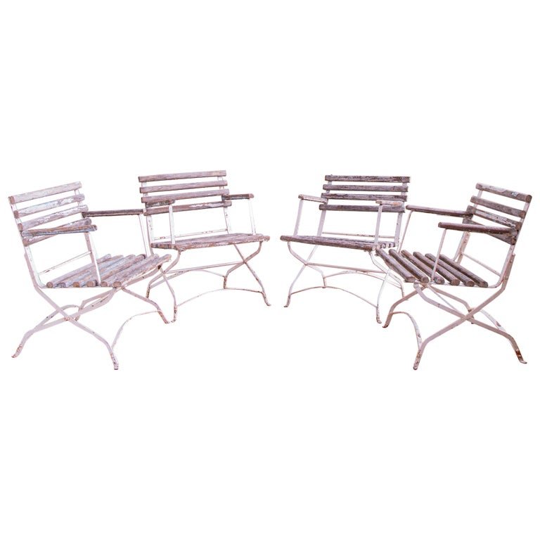 Set of 4 French Wood Slatted Garden Armchairs With Metal Frame - La Maison London