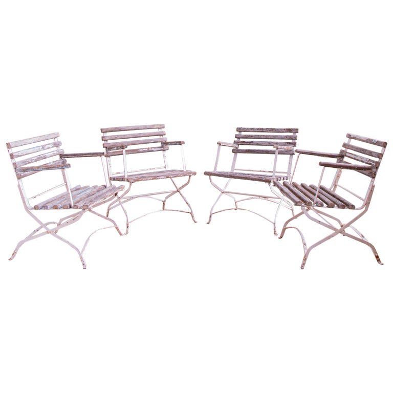 Set of 4 French Wood Slatted Garden Armchairs With Metal Frame